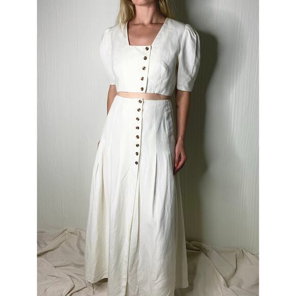 FAME AND PARTNERS Ecru Ivory Linen 2-Piece Crop Top & Midi Skirt Set US 6 - Picture 2 of 16